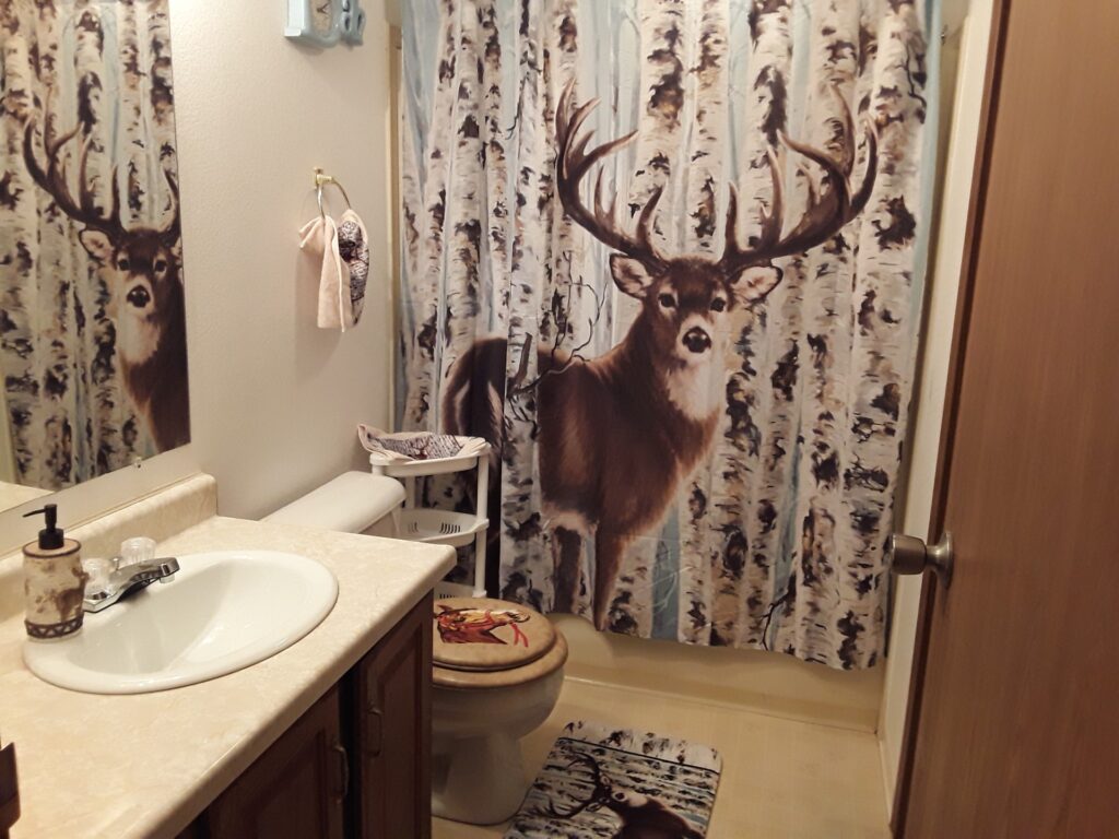 Rustic bathroom featuring a deer-themed shower curtain among birch trees. A sink, decorative towel, and matching bath mat enhance the overall woodland decor.