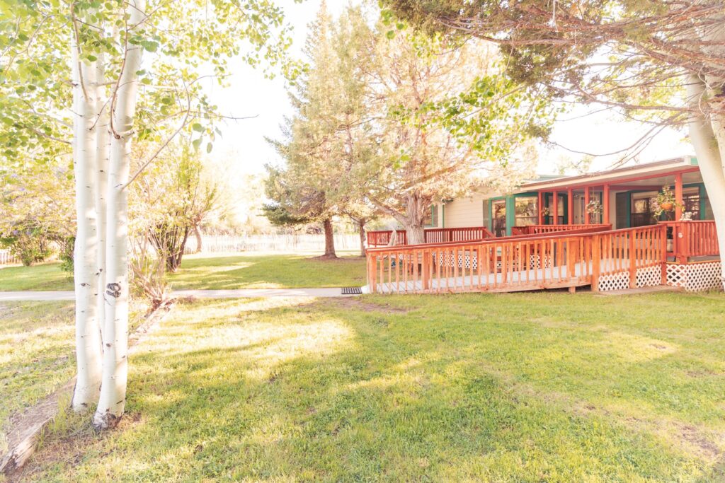 Sunlit house with a wooden deck surrounded by green grass and trees. A serene outdoor space ideal for relaxation or gatherings.