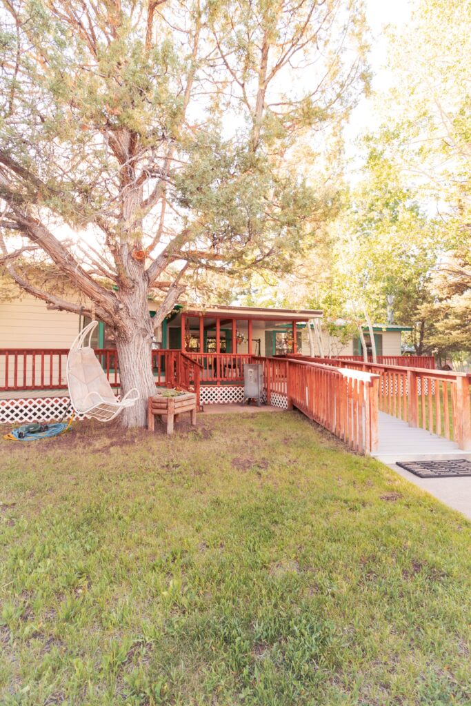 Quaint exterior of a house featuring a large tree, a hanging chair, and a ramp leading to a porch, highlighting a welcoming outdoor space.